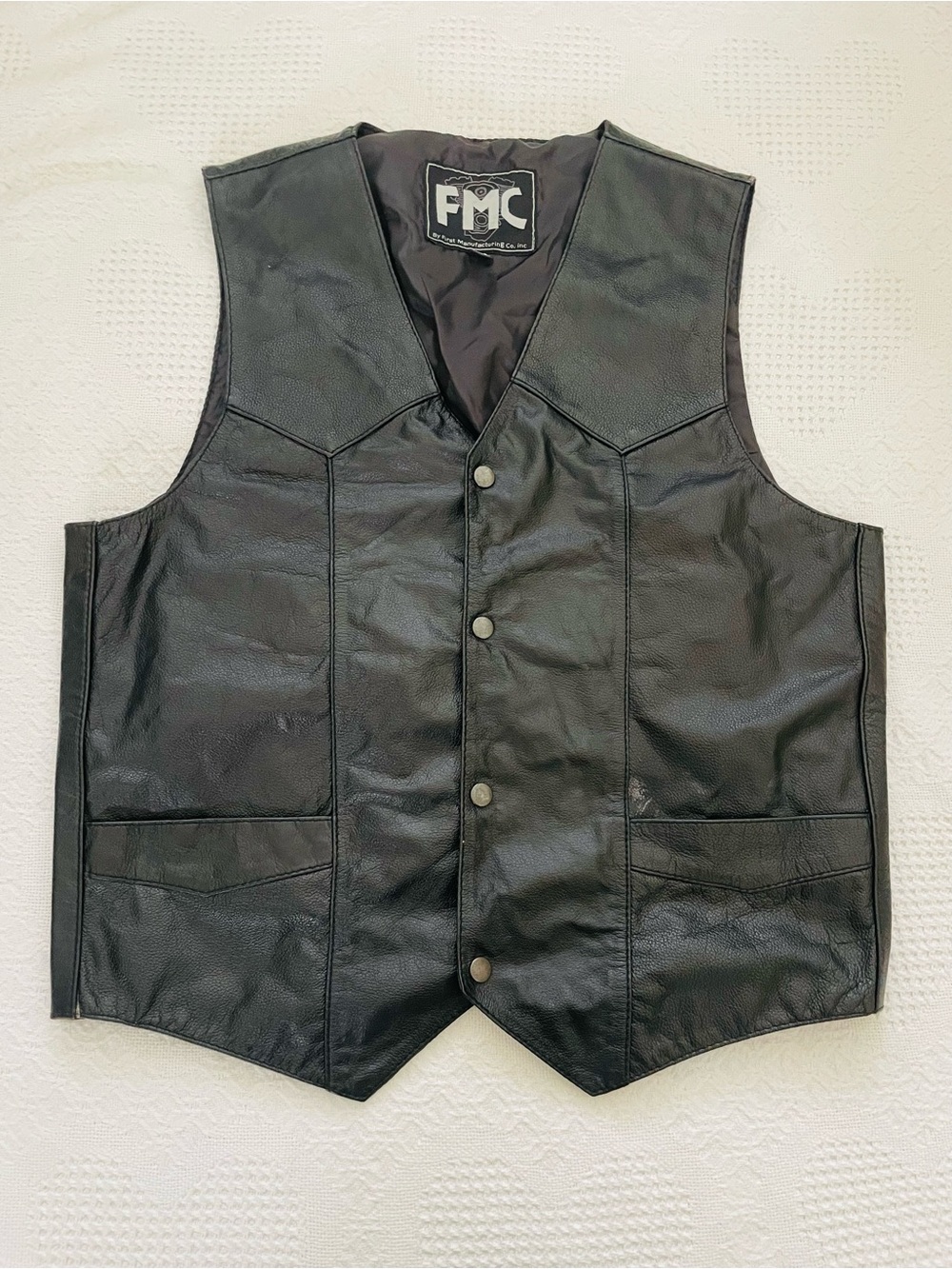 FMC Black Leather Biker Vest Men’s Size 42 Button Front